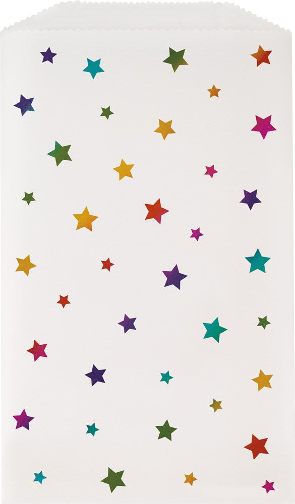 White glassine treat bag with colorful foil stars scattered in various sizes.