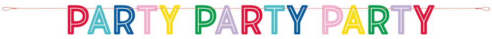 Colorful party banner with letters in vibrant red, orange, blue, green, yellow, and pink hanging on red string.