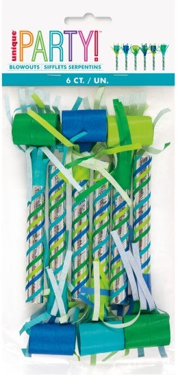 Set of six party blowouts with blue, green, and white stripes and dinosaur-themed mouthpieces.