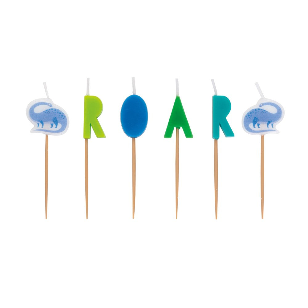 Blue and green dinosaur and letter candles spelling ROAR on wooden picks.