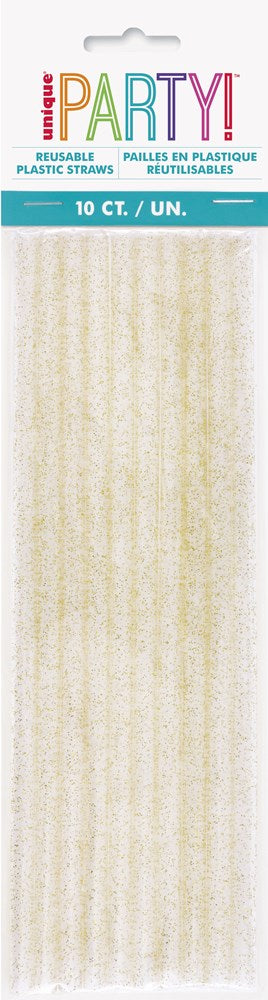 Set of ten gold glitter reusable plastic straws in clear packaging with a white and colorful party-themed label.