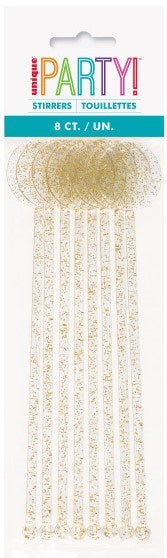 Pack of eight clear plastic cocktail stirrers topped with round gold glitter balls.