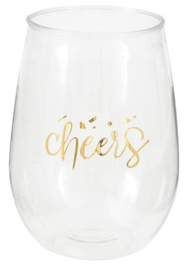 Clear stemless wine glass with gold foil "cheers" text and confetti accents, 15 oz capacity.