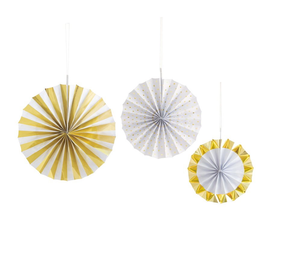 Set of three round paper fans in white with gold stripes, white with silver dots, and white with gold edges, hanging.