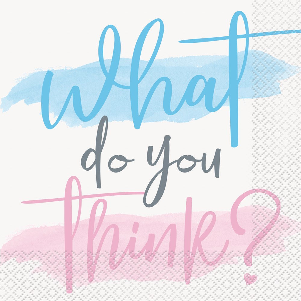 Square white napkin with blue and pink watercolor accents and text reading "What do you think?" in playful script font.