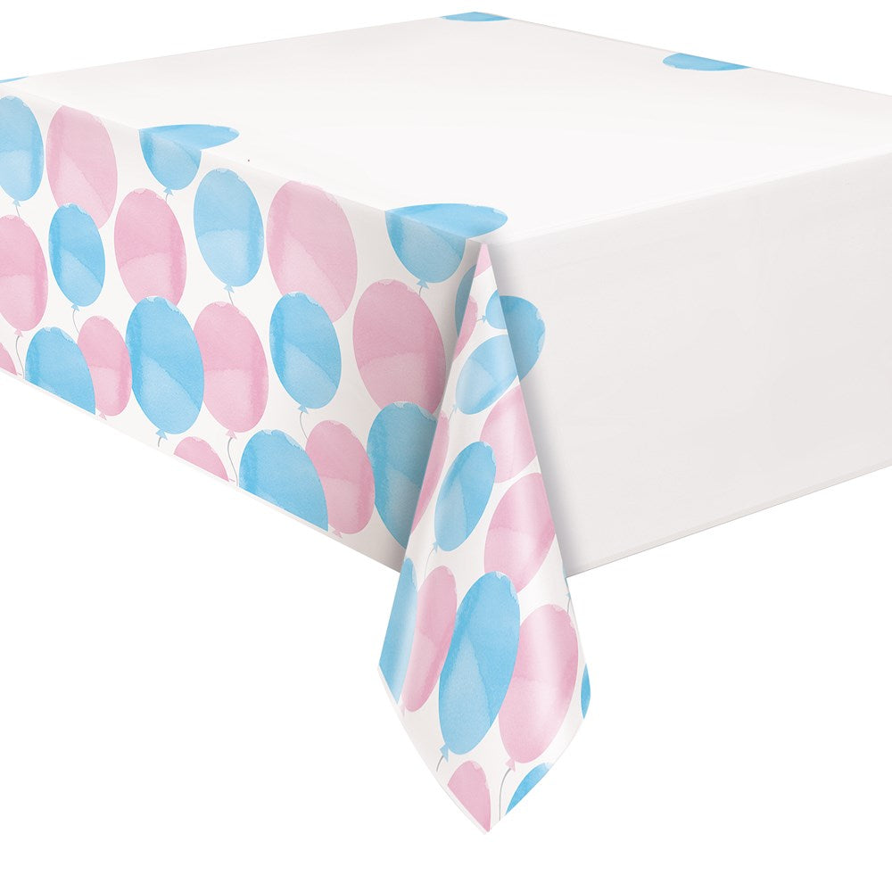 White rectangular plastic tablecover with pink and blue balloon patterns along the edges.