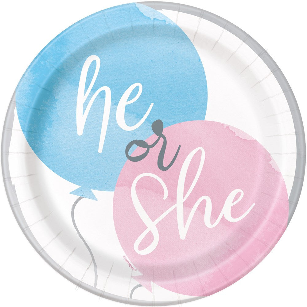 7-inch round paper plate with blue and pink balloons and white "he or she" text for gender reveal parties.