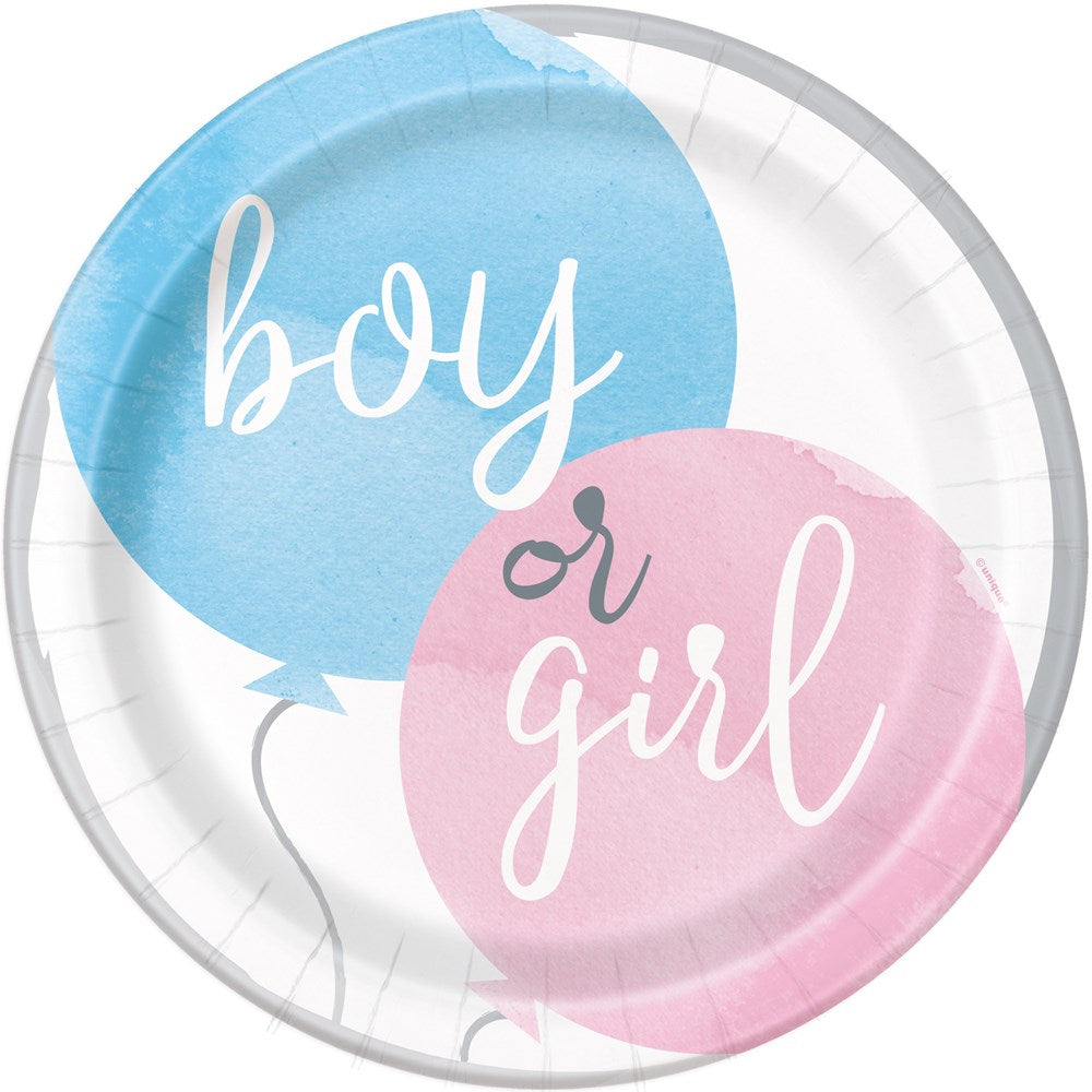 9-inch round paper plate with overlapping blue and pink balloons, white script text "boy or girl".