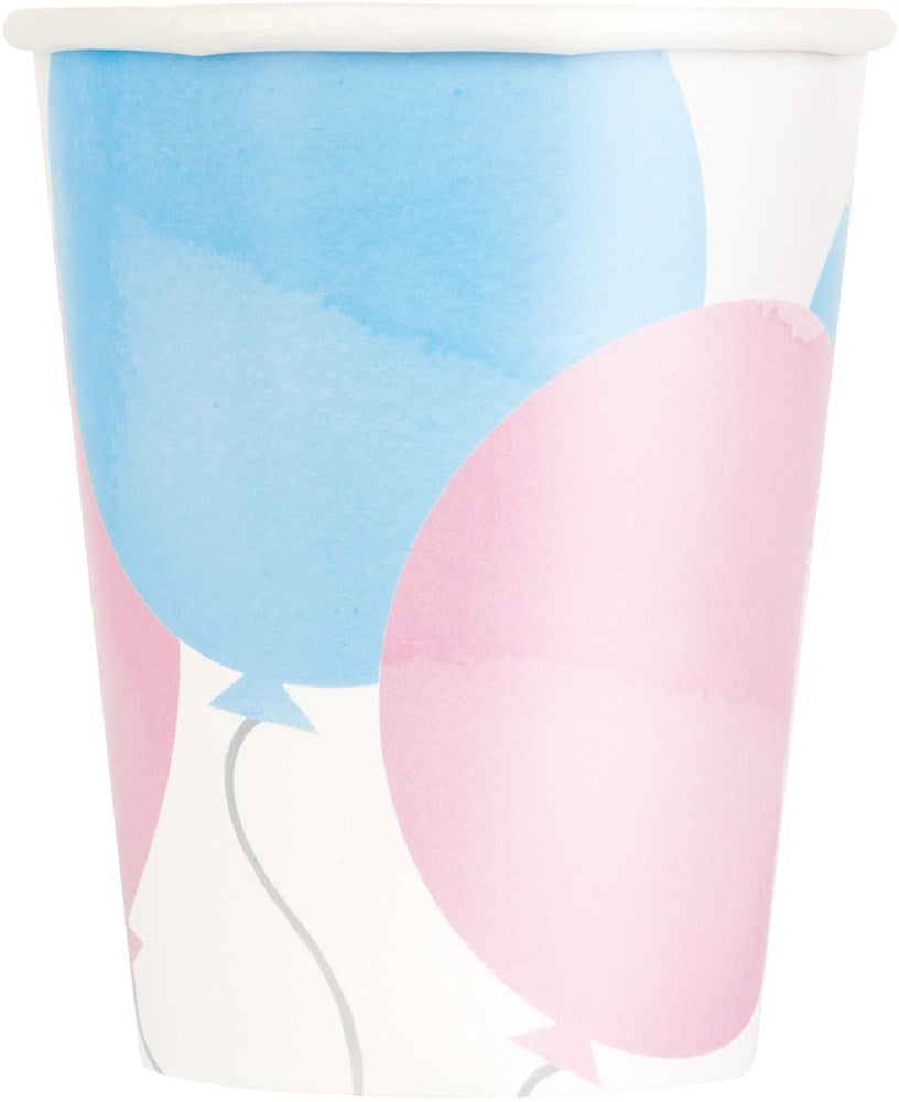 White 9-ounce paper cup with pastel pink and blue balloon prints for gender reveal party.
