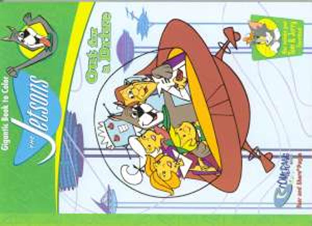 Coloring book cover featuring the Jetsons cartoon family in a flying car with a green border and 192 pages text.