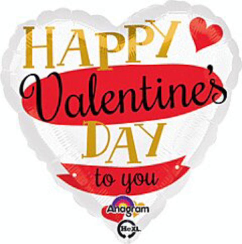 17-inch heart-shaped foil balloon with white background, gold and black "Happy Valentine's Day to you" text, and red heart.