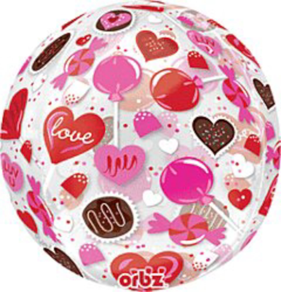 16-inch clear round balloon with pink and red candy and heart designs, "love" text, glossy finish.