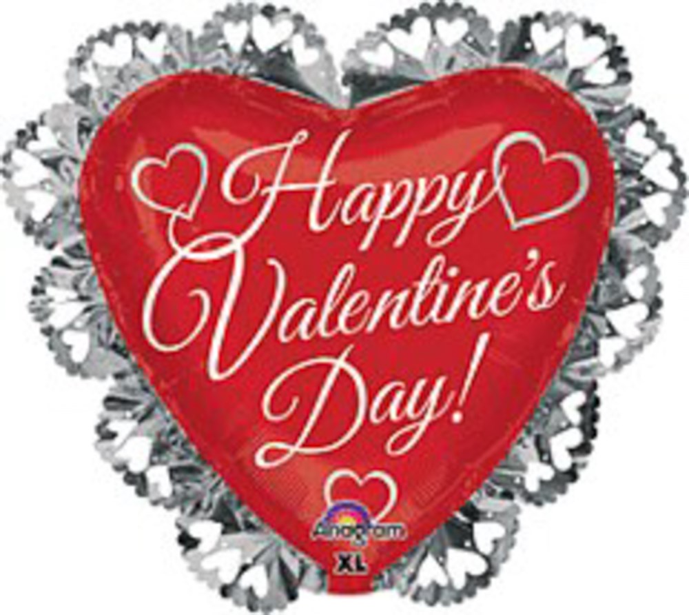 Red heart-shaped foil balloon with white "Happy Valentine's Day!" text and silver scalloped edge design.