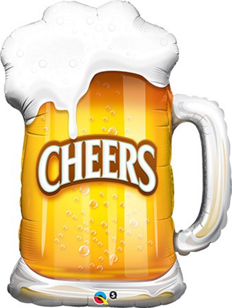 Foil balloon shaped like a frothy beer mug with golden amber liquid and white foam, "CHEERS" text on front.