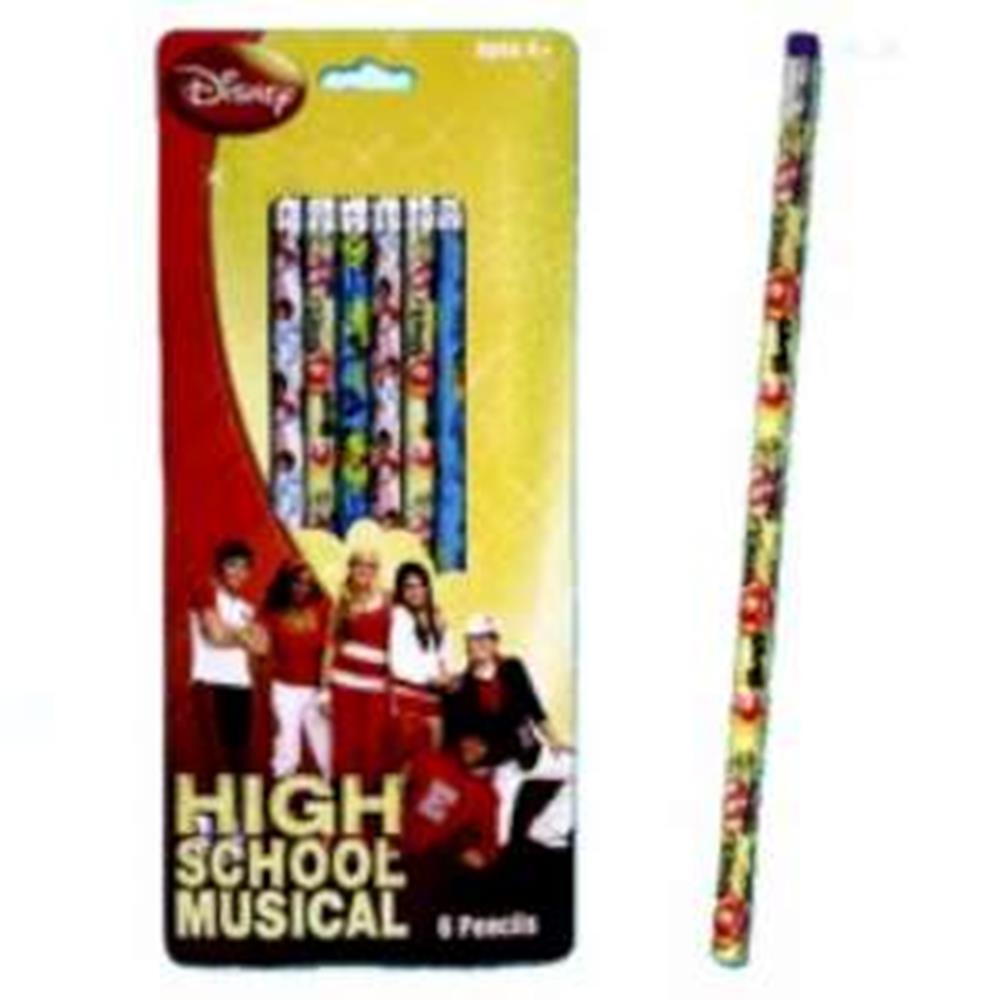 Set of six colorful High School Musical-themed wooden pencils with character prints and red, yellow, and blue accents on.
