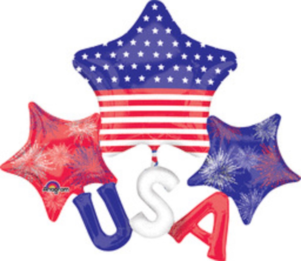 Star-shaped foil balloon in American flag design with red, white, and blue balloons spelling "USA" beneath.