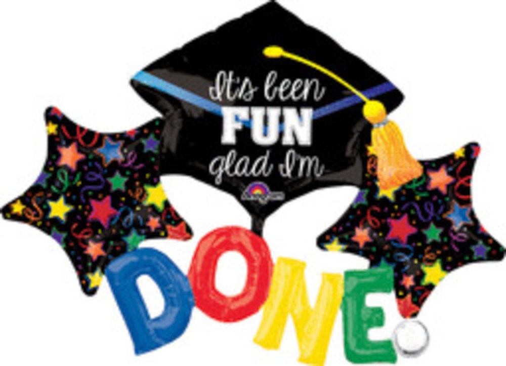 Colorful 52-inch foil balloon set spelling DONE with star and graduation cap shapes.