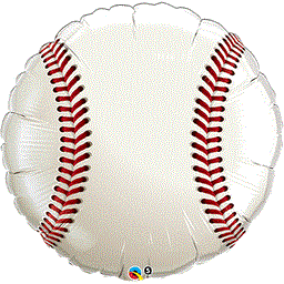 Round white foil balloon shaped like a baseball with red stitching details, 36 inches wide.