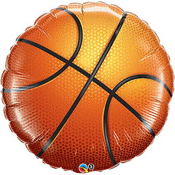 36-inch round foil balloon designed like an orange basketball with black lines and textured details.