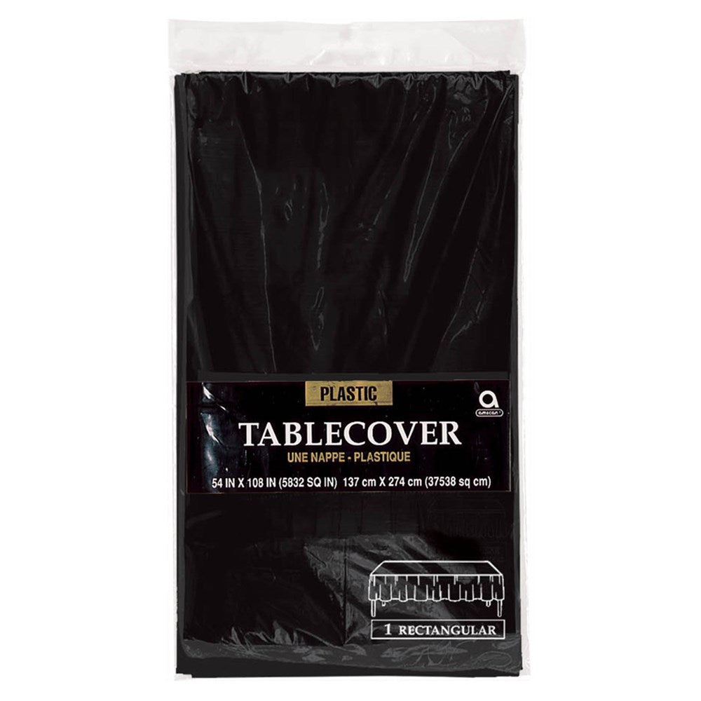 Black rectangular plastic tablecover, 54 by 108 inches, packaged in clear plastic wrap.