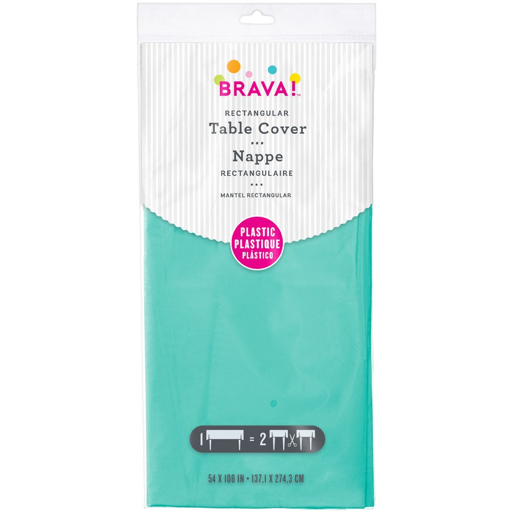 Robin egg blue rectangle plastic tablecover measuring 54 by 108 inches in sealed packaging.