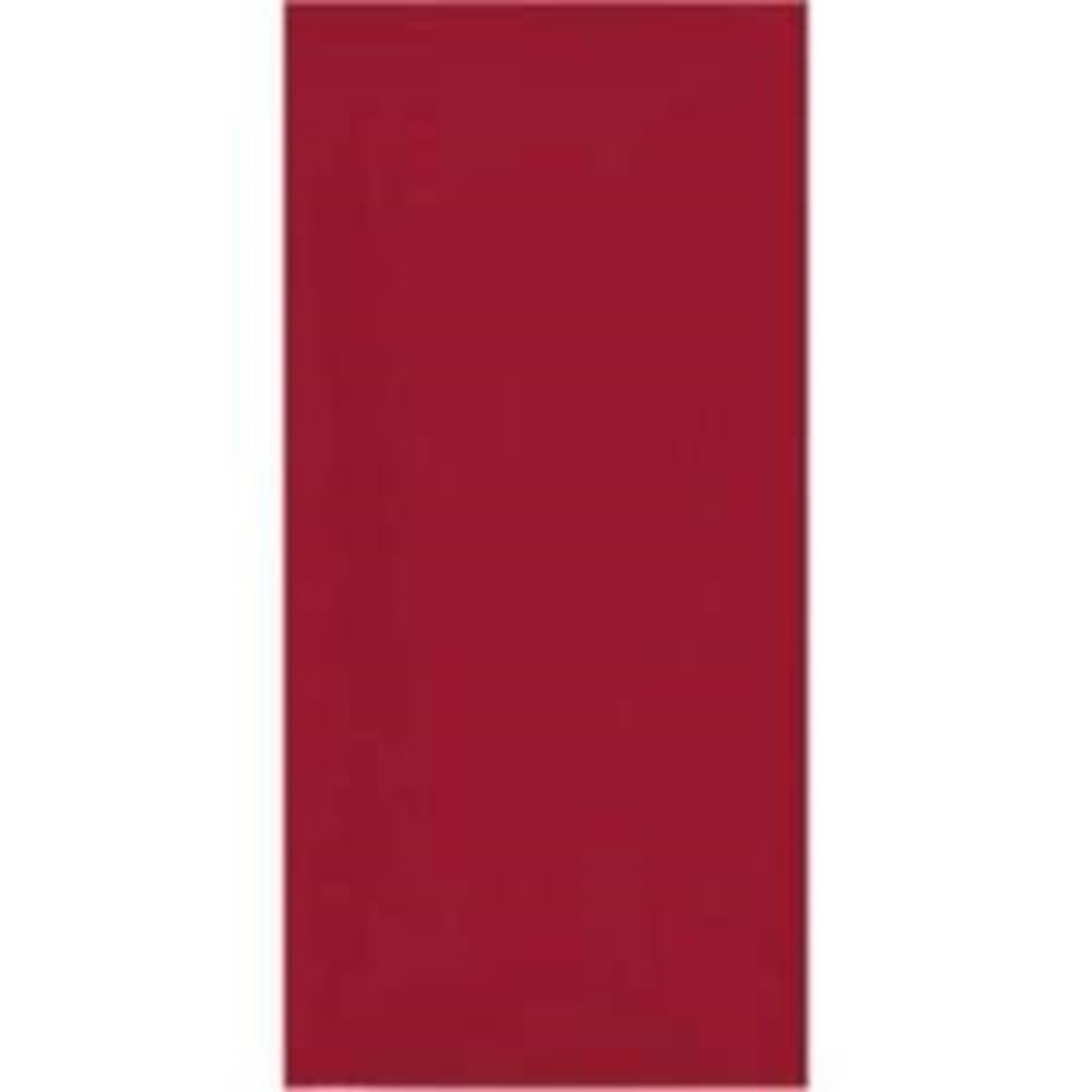 Rectangular apple red plastic table cover measuring 54 by 108 inches.