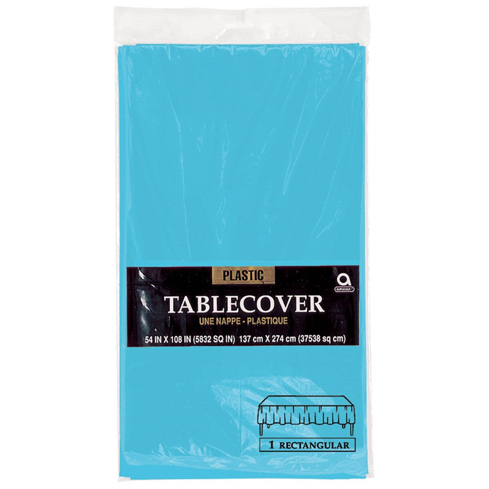 Caribbean blue rectangular plastic table cover 54 by 96 inches in packaging.