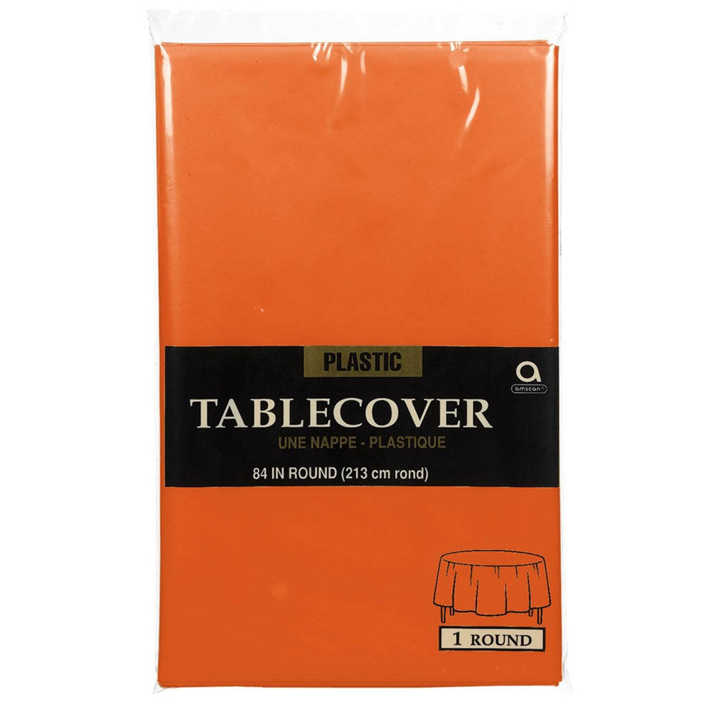 Orange plastic round tablecover, 84-inch diameter, folded in packaging with black label.