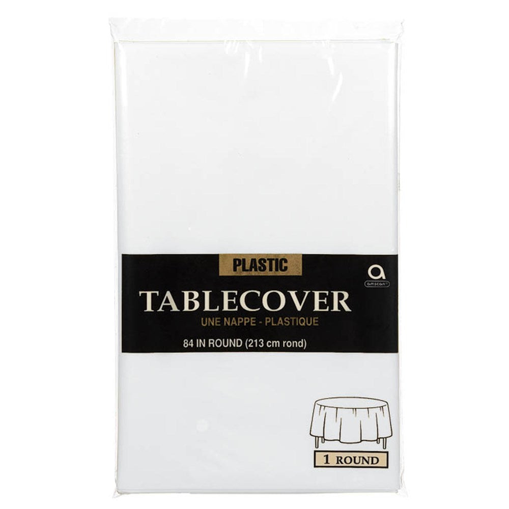 White plastic round tablecover, 84-inch diameter, packaged flat with black and gold label.