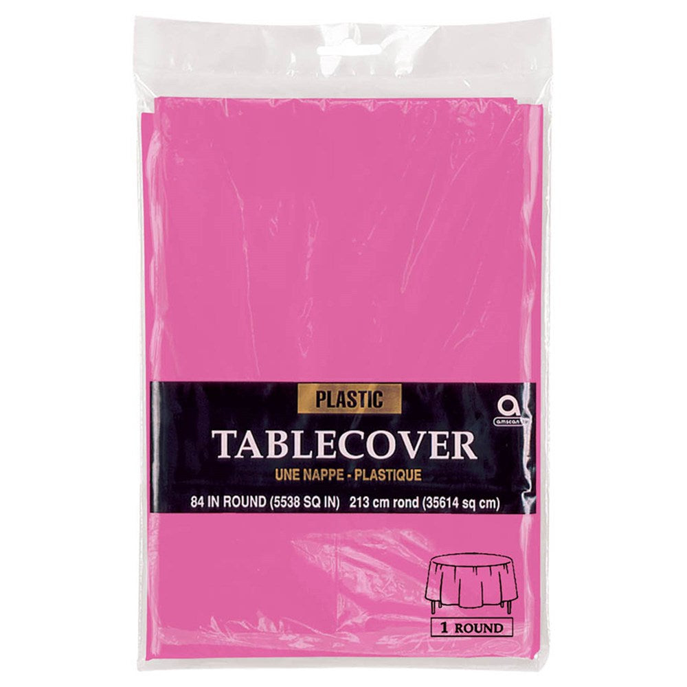 Bright pink round plastic tablecover, 84-inch diameter, folded in clear packaging.