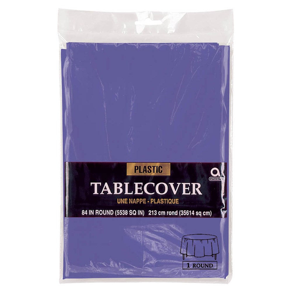 Purple round plastic tablecover, 84-inch diameter, smooth matte finish, packaged flat.