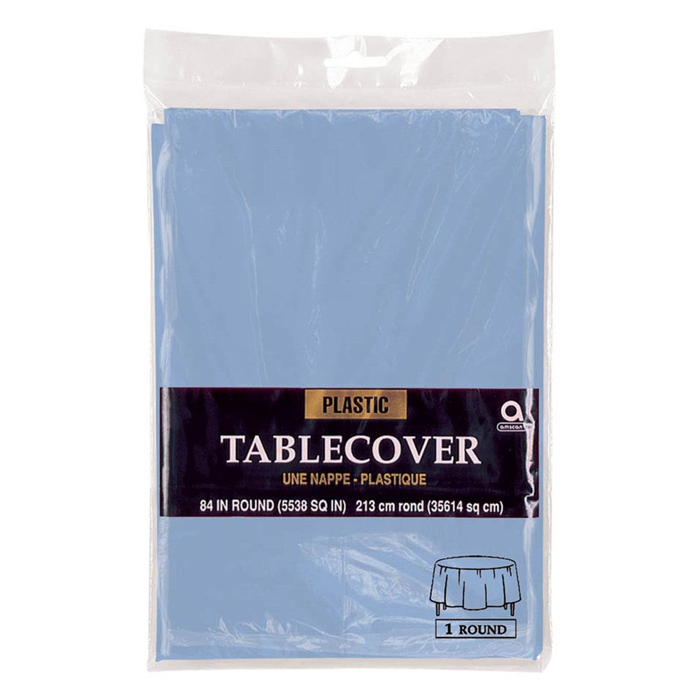 Pastel blue round plastic tablecover, 84-inch diameter, smooth finish, packaged flat.