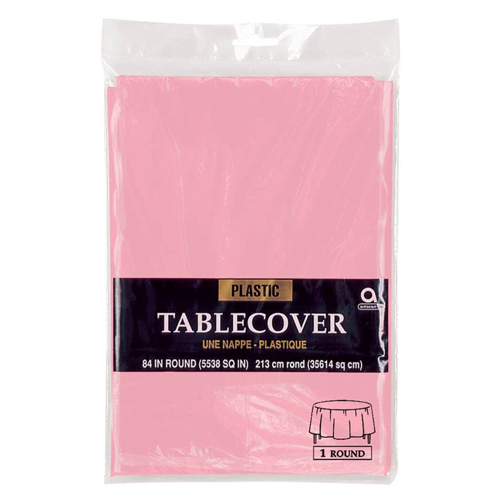 Pink round plastic tablecover, 84-inch diameter, smooth surface, packaged flat.