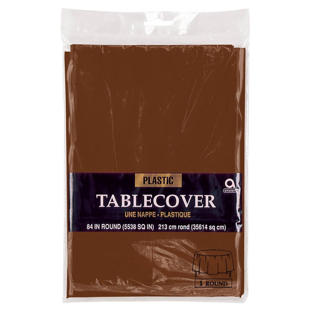 Round brown plastic tablecover, 84-inch diameter, unopened packaging.