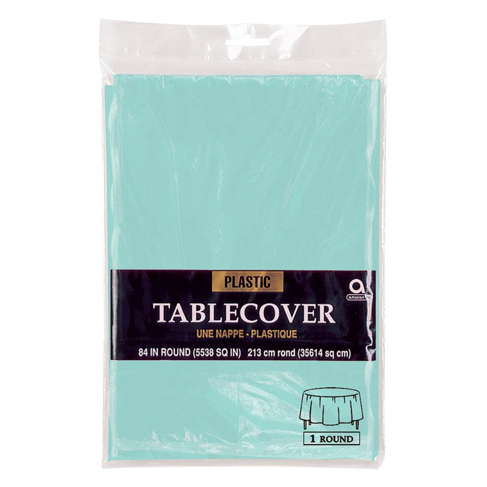Robin egg blue plastic round tablecover in sealed packaging with size and usage details.