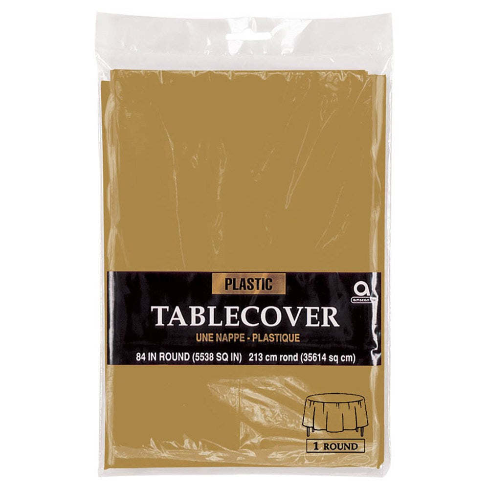 Gold round plastic tablecover, 84 inches diameter, smooth finish.