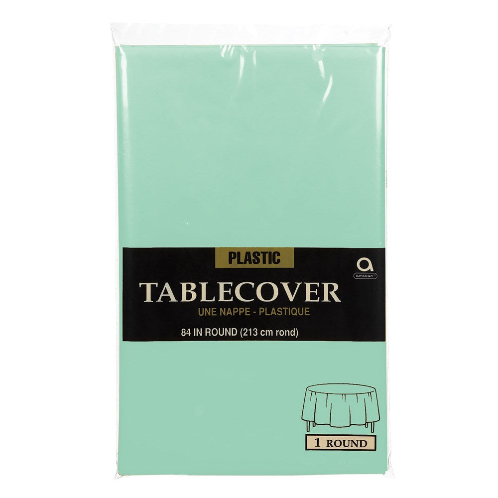 Round plastic tablecover in solid cool mint color, 84 inches diameter, packaged flat.