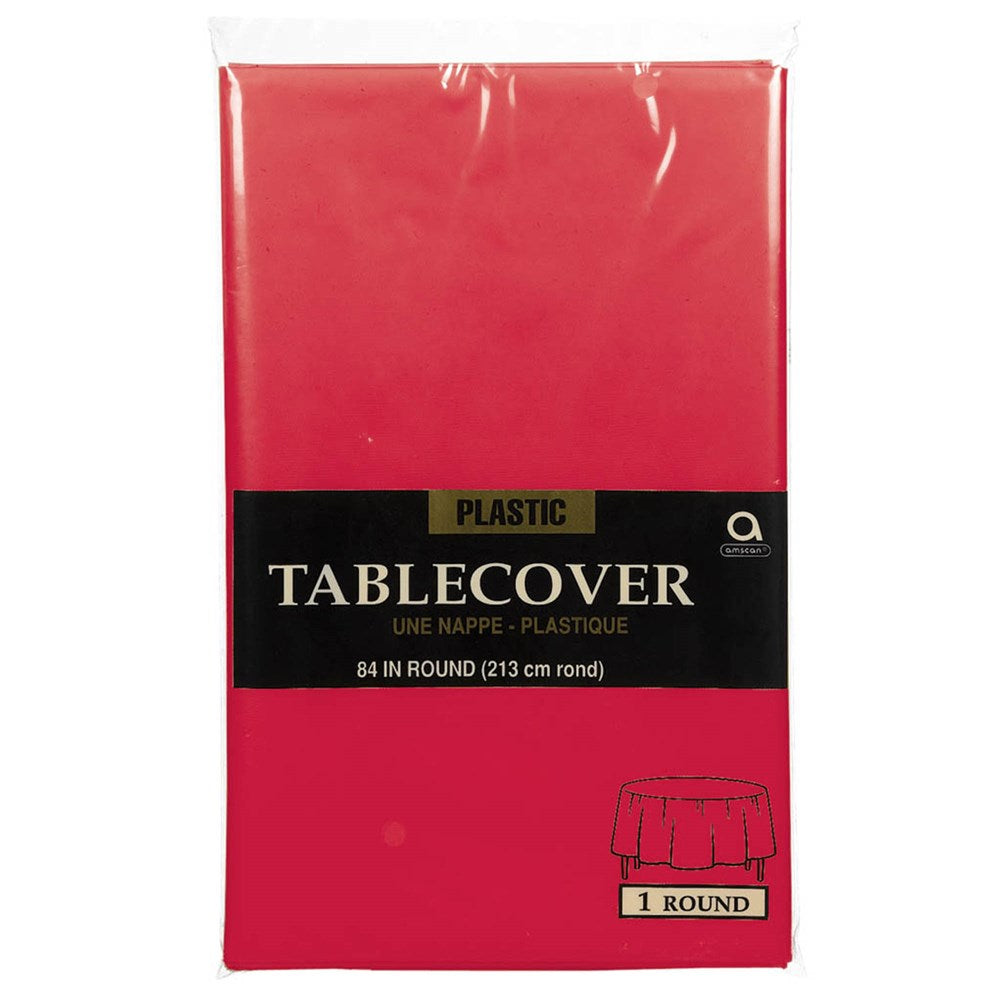 Red round plastic tablecover, 84 inches diameter, smooth finish, packaged flat.