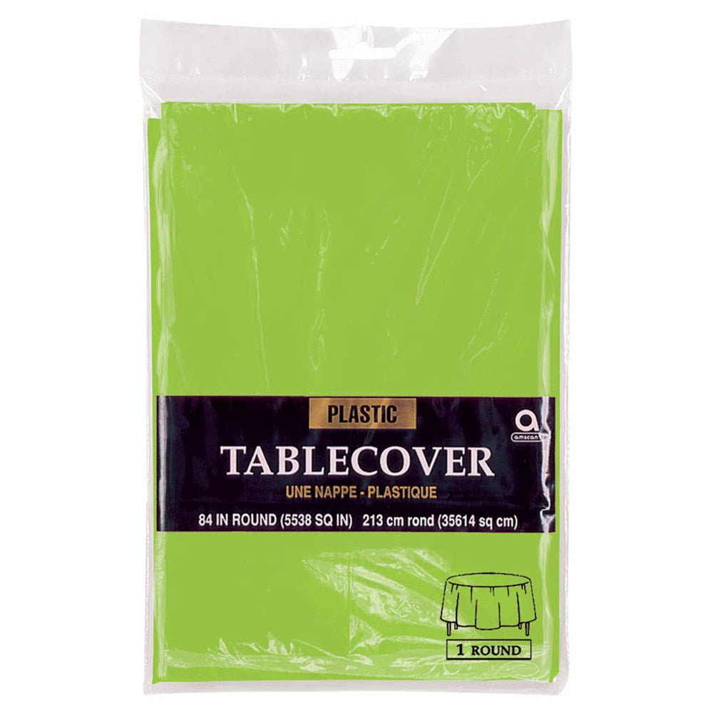 Bright green round plastic tablecover, 84-inch diameter, packaged for retail display.