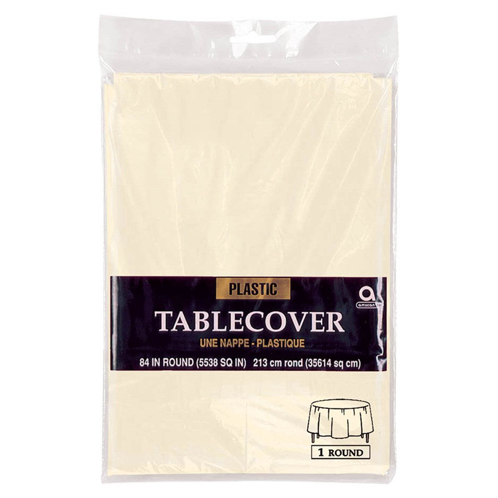 Ivory plastic round tablecover folded in packaging with product label showing size and shape.