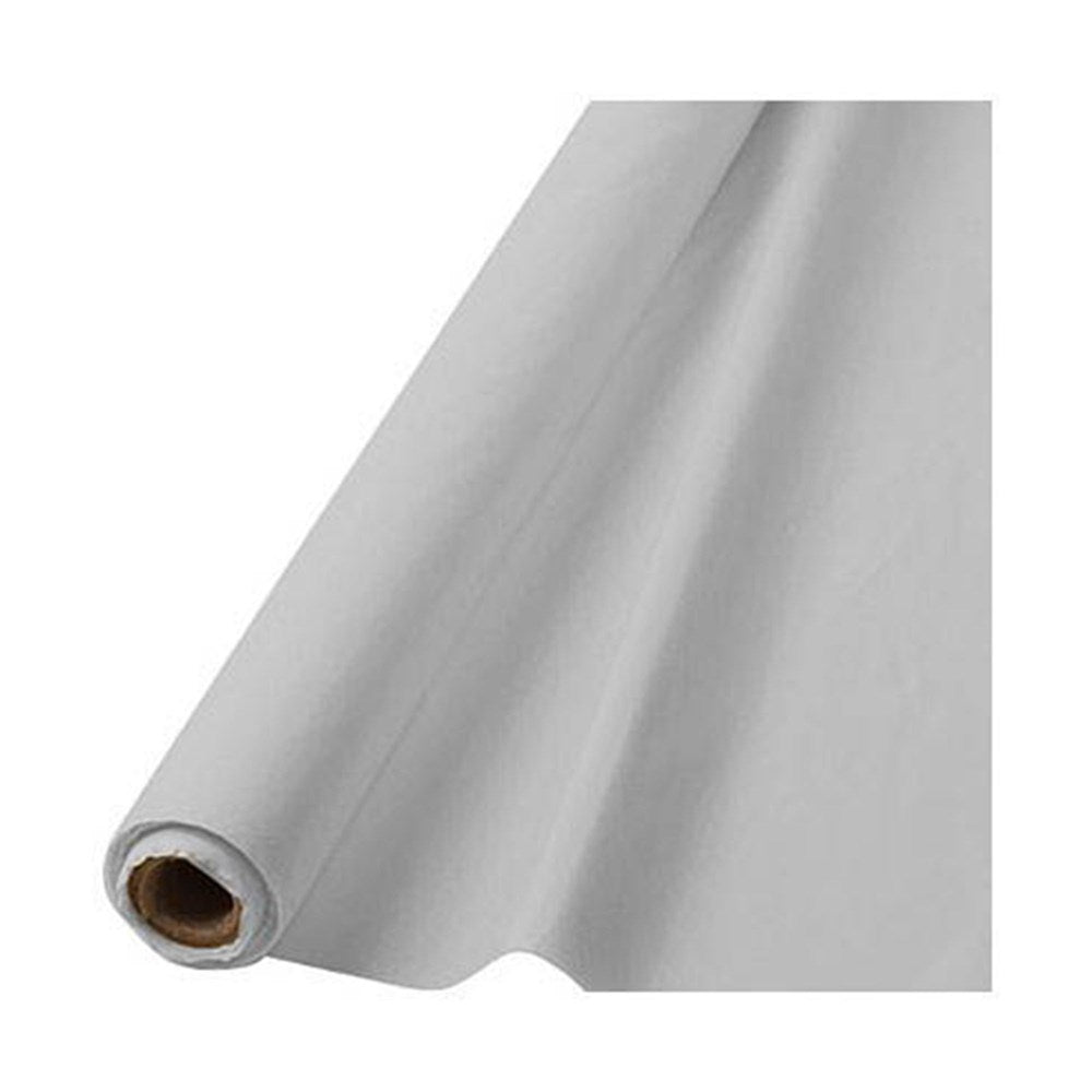 Silver metallic tablecover roll with smooth texture on a cardboard core.