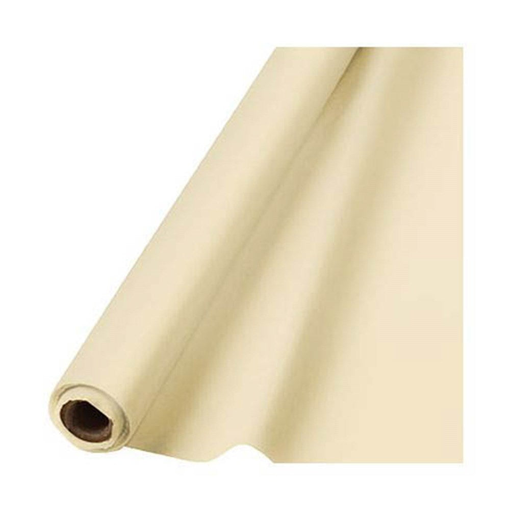 Cream-colored paper table roll on a cardboard core, smooth texture, 40-inch wide sheet length rolled out slightly.