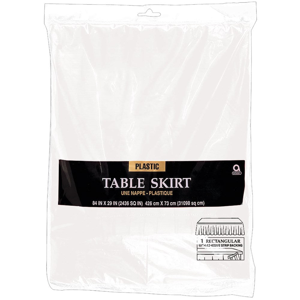 White plastic table skirt measuring 29 inches by 14 feet in clear packaging with black label.