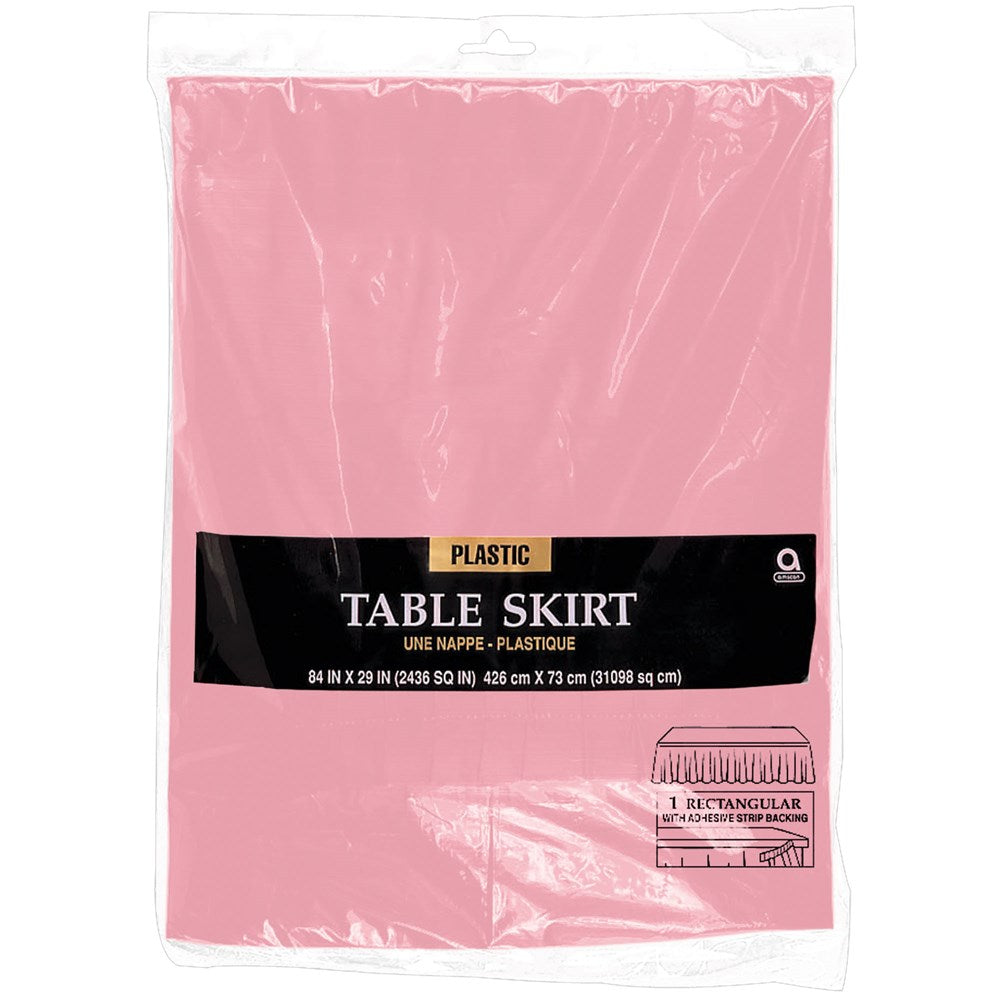 Pink plastic table skirt, rectangular shape, 29 inches tall by 14 feet long, smooth finish.