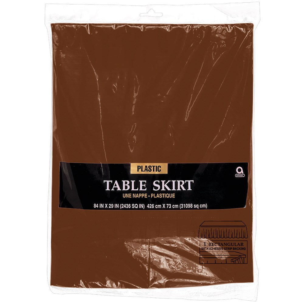 Chocolate brown plastic tableskirt folded in clear packaging with black and white label.