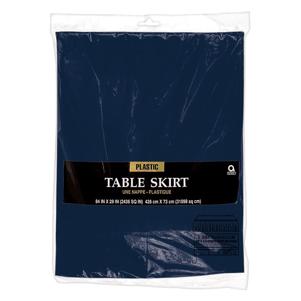 True navy blue plastic table skirt folded in packaging, measuring 14ft by 29in.