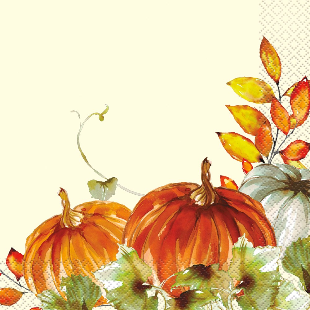 Set of Thanksgiving napkins with watercolor pumpkins in orange and pale blue, accented by fall leaves in yellow and orange.