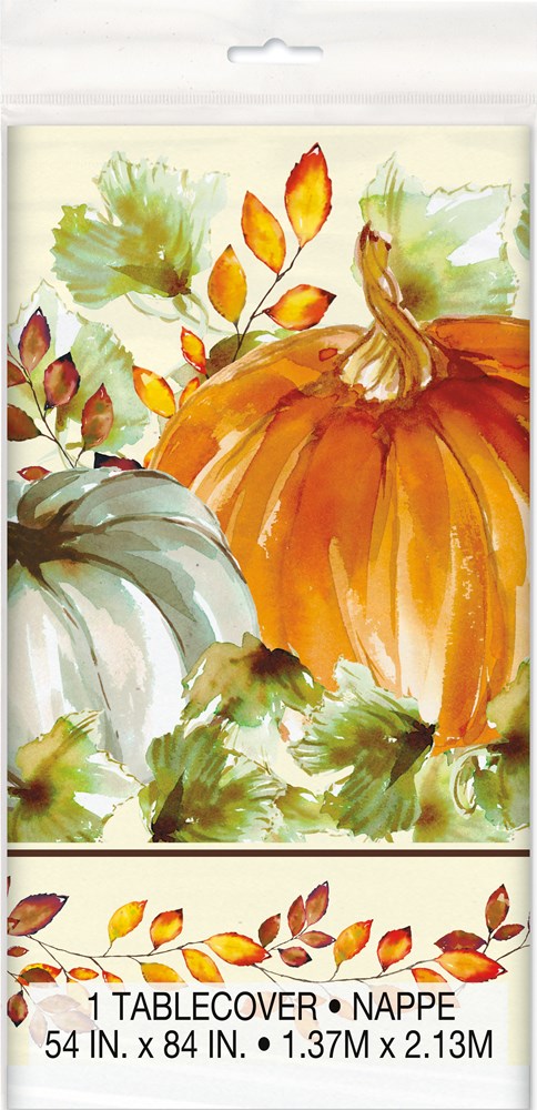 Plastic table cover with watercolor-style orange and white pumpkins and colorful fall leaves design, 54x84 inches.