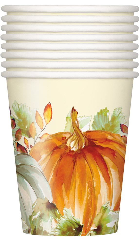 Set of nine 9oz paper cups with watercolor-style orange and white pumpkins and fall leaves on cream background.