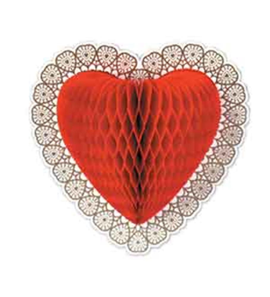Red honeycomb tissue heart with white lace-patterned paper border decoration.